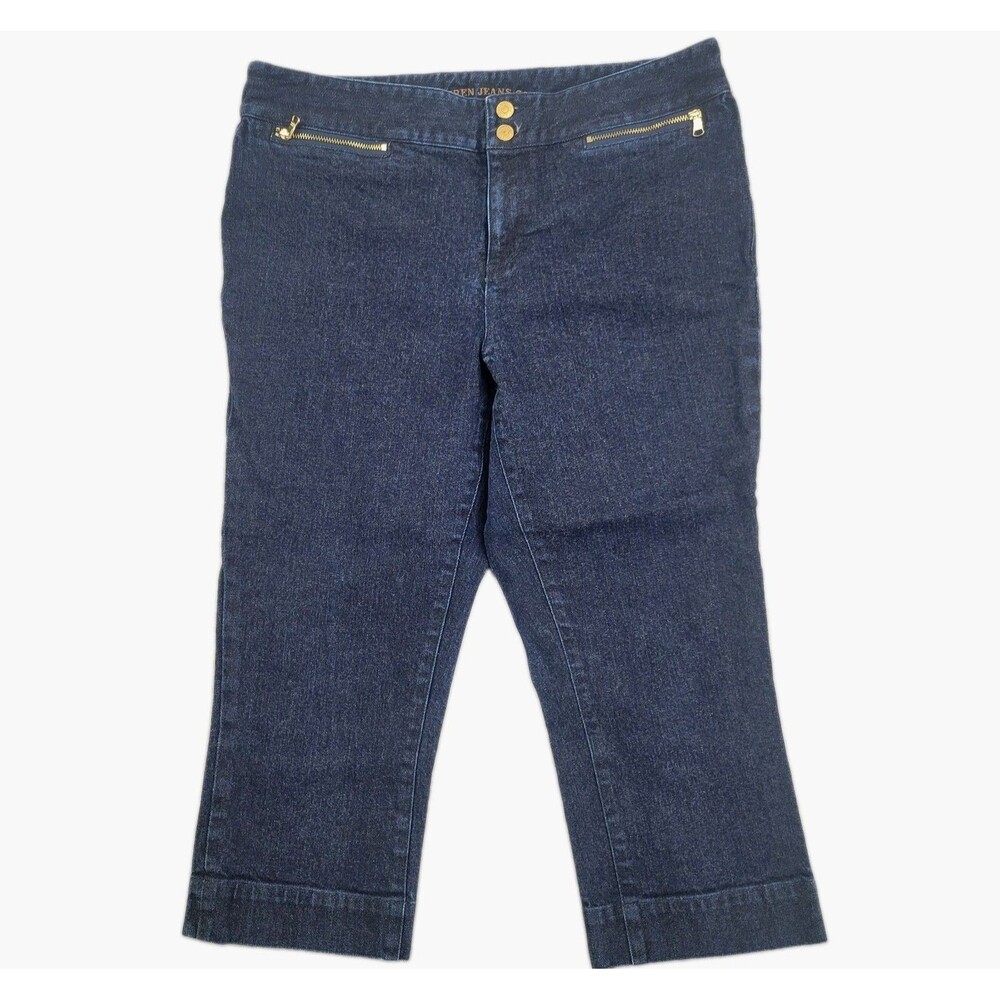 Ralph Lauren Jeans Co Women Cropped Jeans Sz 10 Dark Blue Gold Zipper Wide Hem
